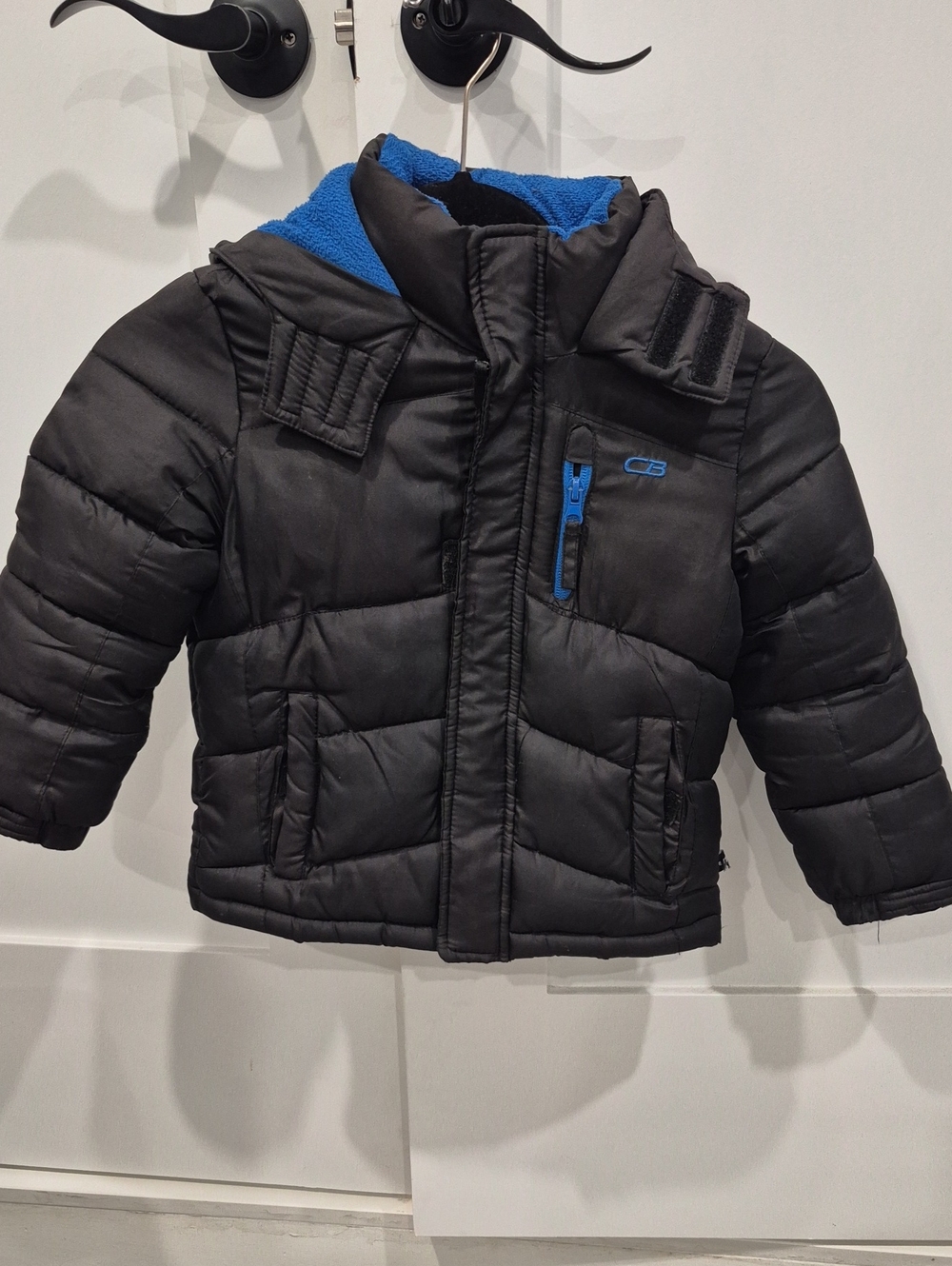 Kids Black Puffer Jacket with Blue Trim -